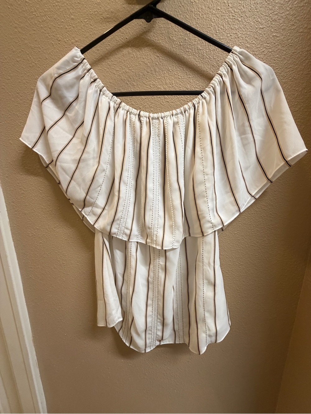 White House Black Market Cream Off-Shoulder Striped Blouse